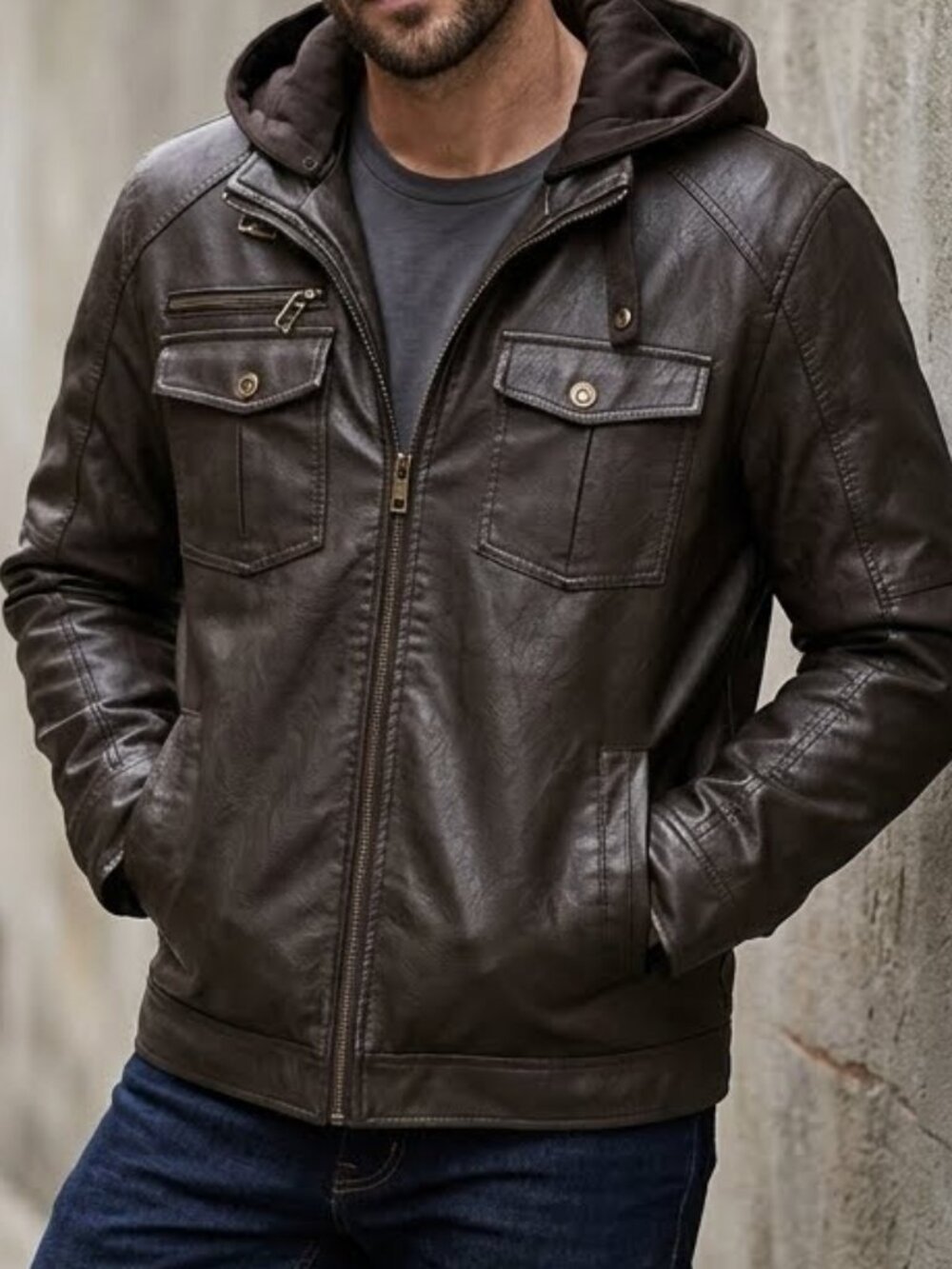 G21 Men's Dark Brown Hooded Faux Leather Hooded Utility Jacket Size XL